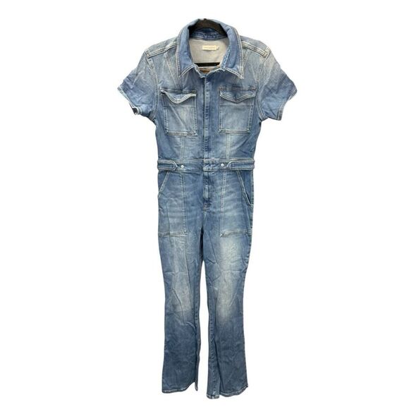 Good American Denim Short Sleeve Jumpsuit Size 4 Zip Front Flare Legs Blue - Picture 4 of 16